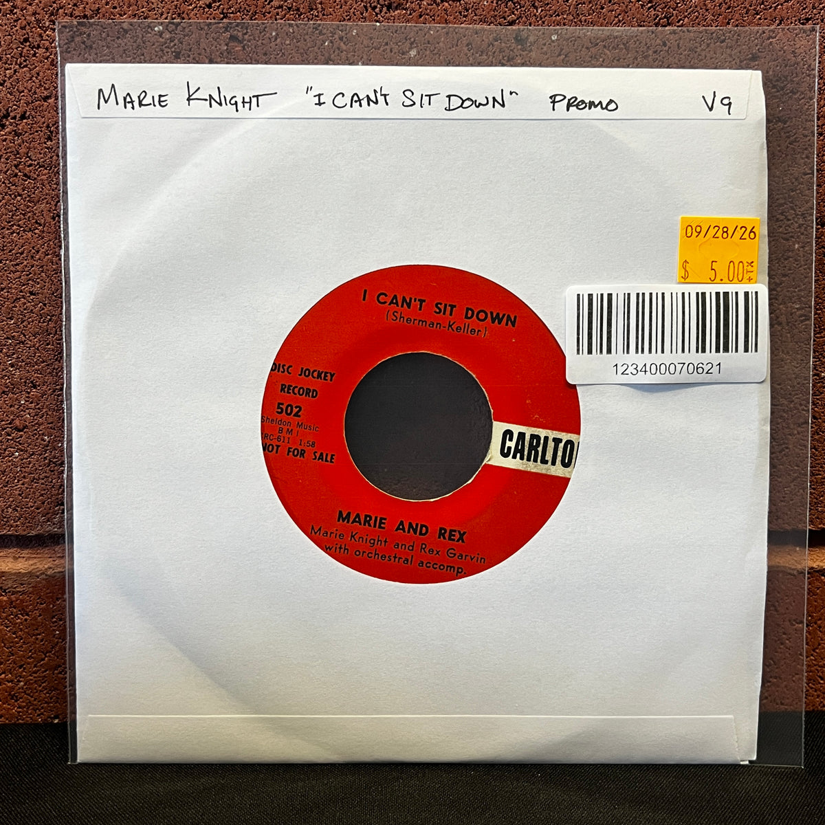 Used Vinyl: Marie Knight (Marie and Rex) "I Can't Sit Down" 7" (1959 promo pressing)
