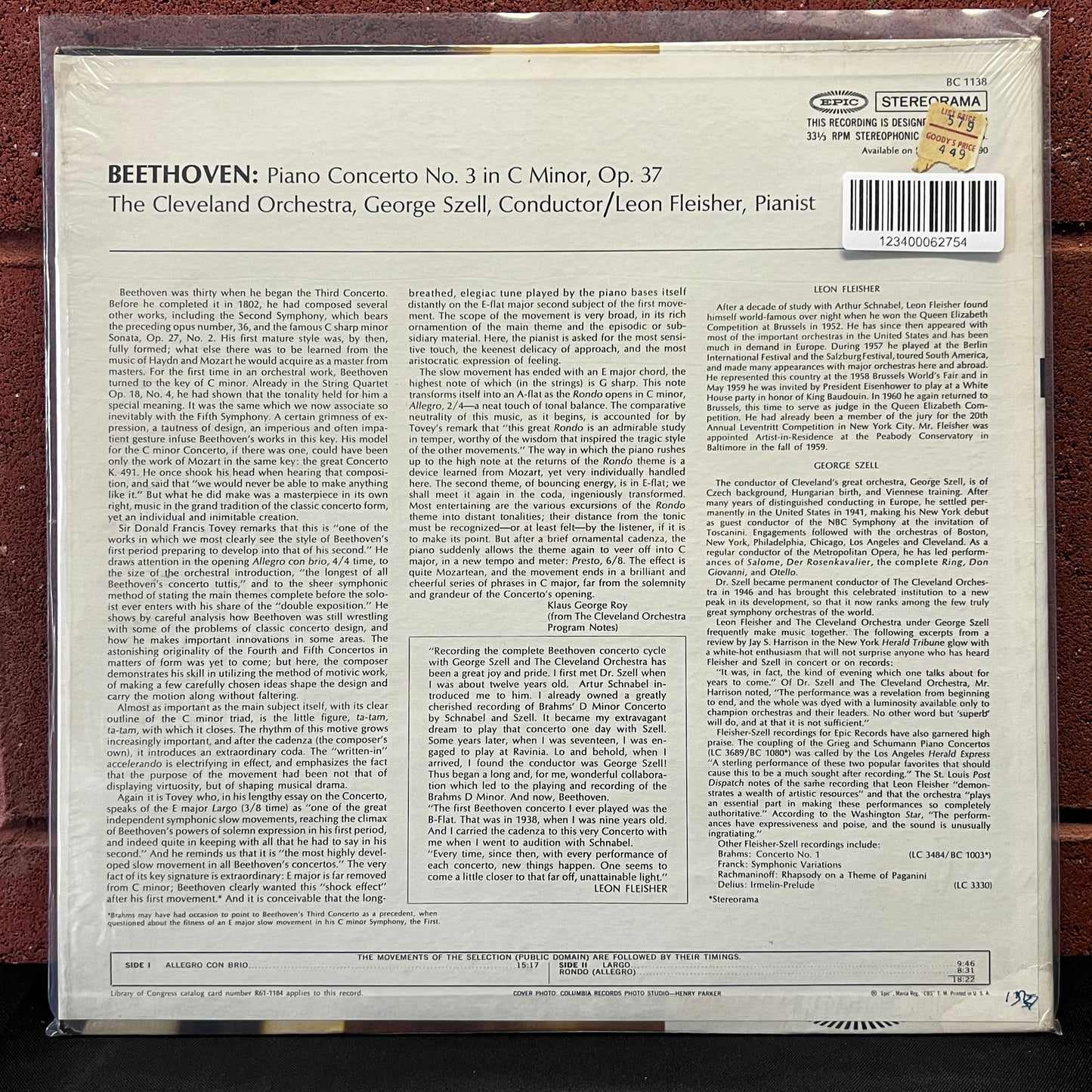 Used Vinyl: Leon Fleisher, George Szell and the Cleveland Orchestra "Beethoven Piano Concerto No. 3 in C Minor" LP (Stereo)