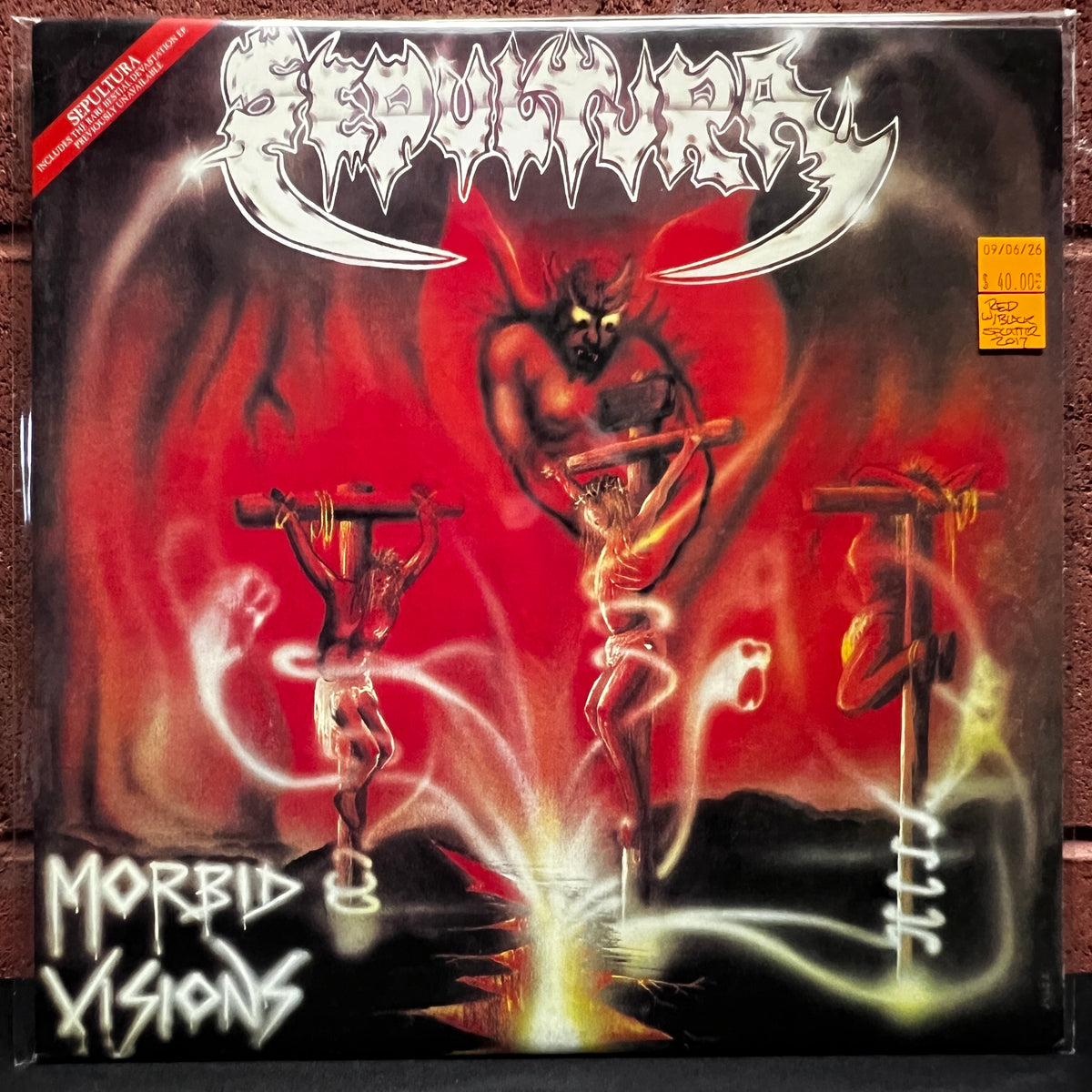 Used Vinyl: Sepultura "Morbid Visions" LP (2017 Press - Red w/Black Splatter Vinyl)