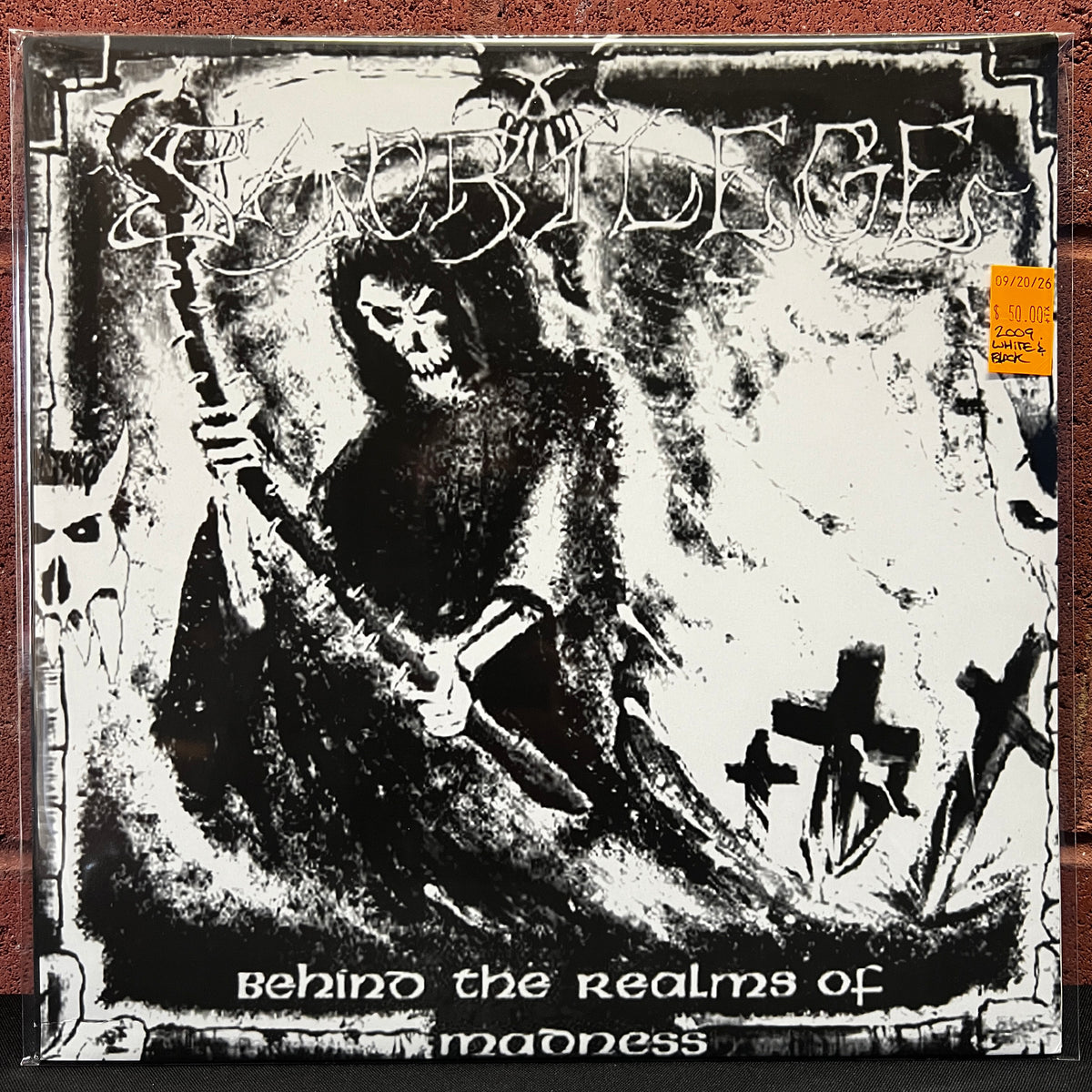 Used Vinyl: Sacrilege "Behind The Realms Of Madness" LP (2009 Press - White & Black Marble Vinyl)